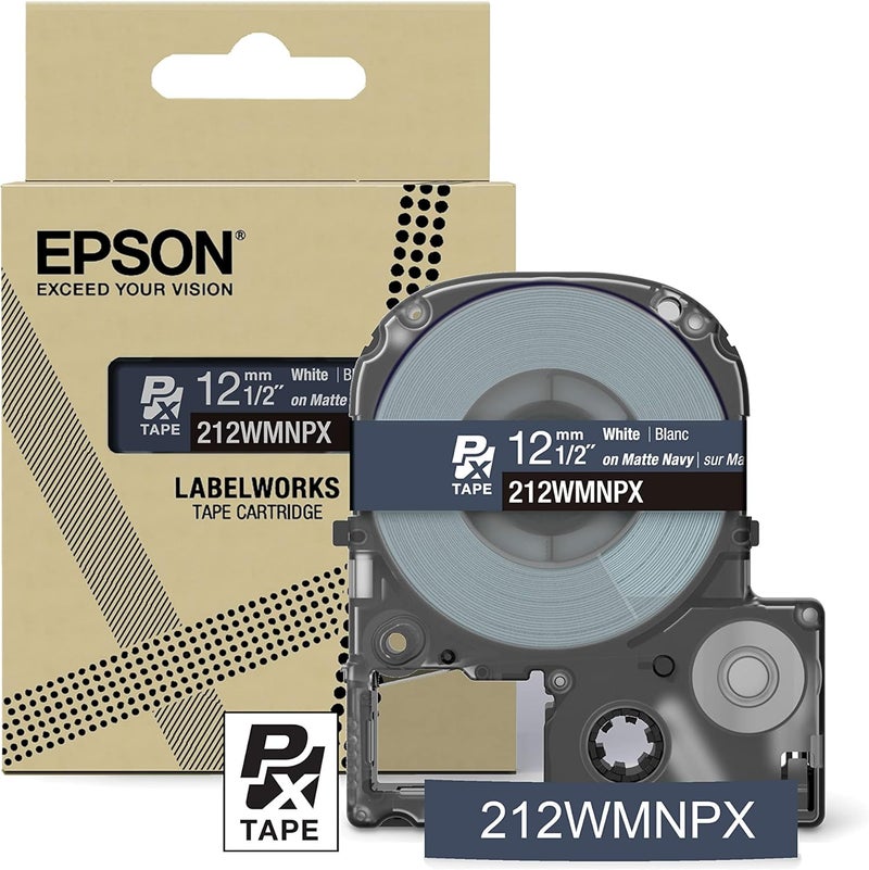 LABELWORKS Epson 212WMNPX Genuine PET (Polyester) Tape Cartridge - White on Matte Navy Designer Craft Label Maker Tape - 1/2" (12MM) Wide, 26' - Image 1